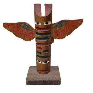 Vintage 50s MCM Cherokee Native Hand Carved Painted Wooden Totem Pole Tag Qualla